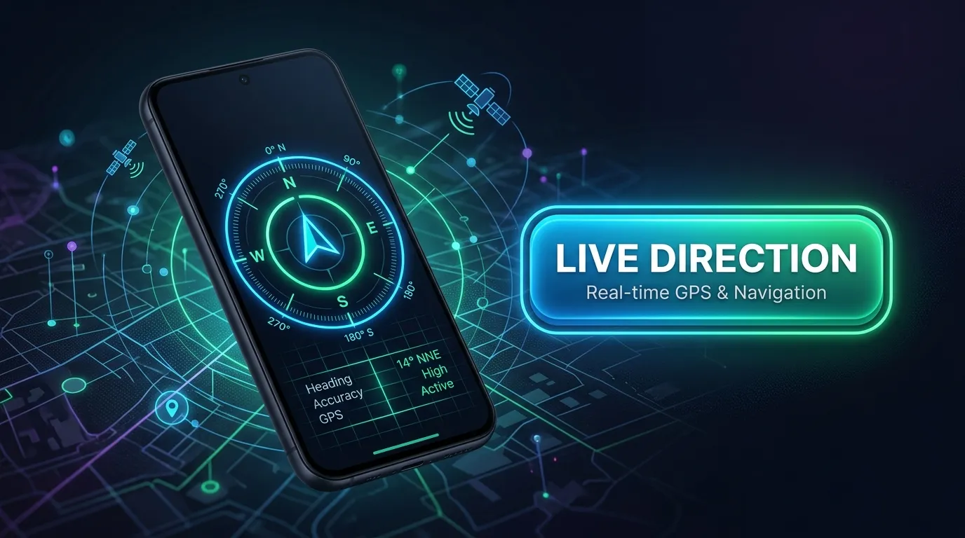 Digital compass interface showing live direction and GPS location